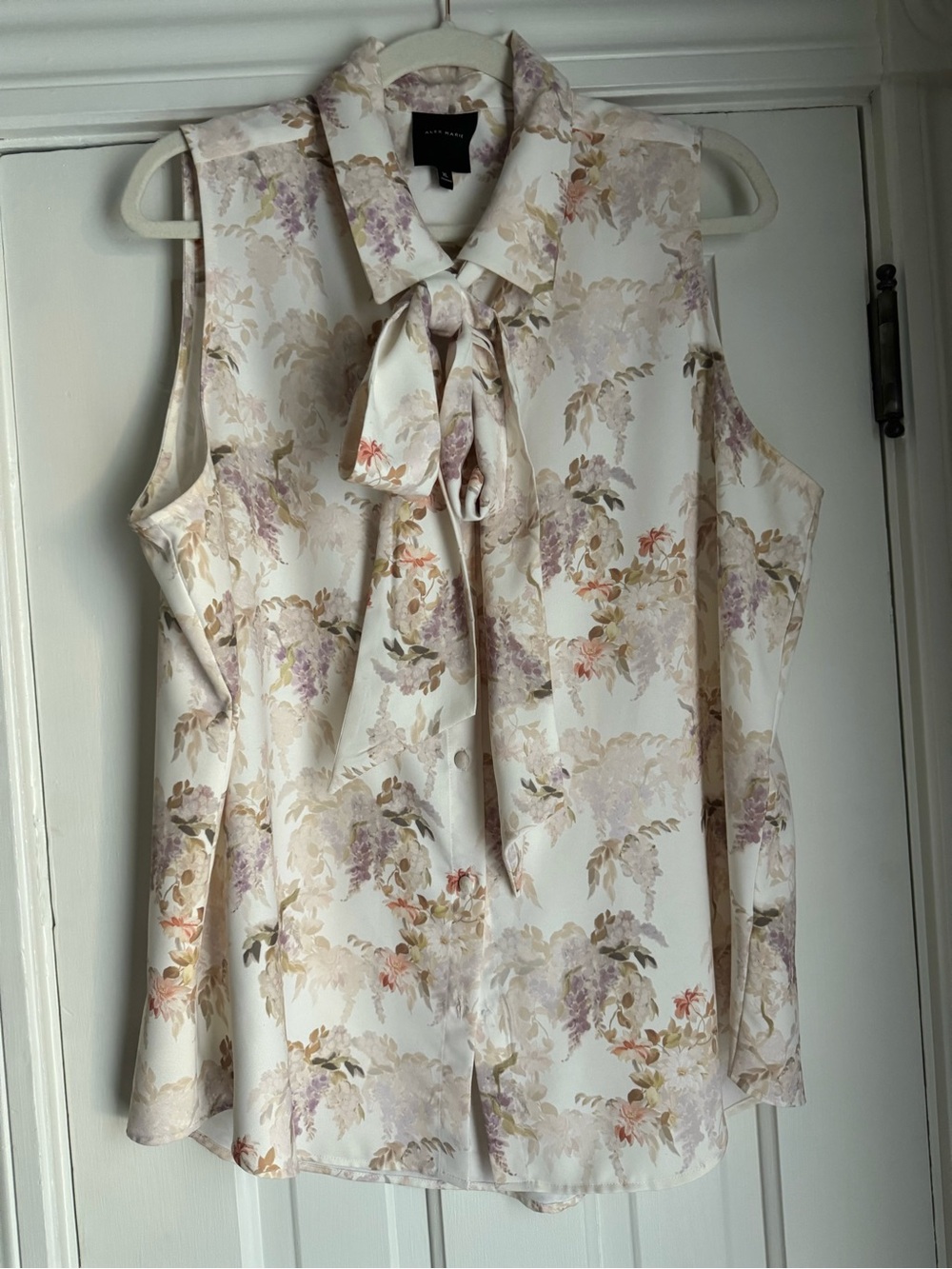 Alex Marie Cream Floral Tie-Neck Sleeveless Blouse